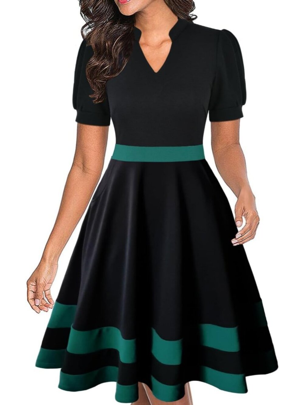 Women's Green Black Fit & Flare Midi Dress Puff Sleeve with Pockets